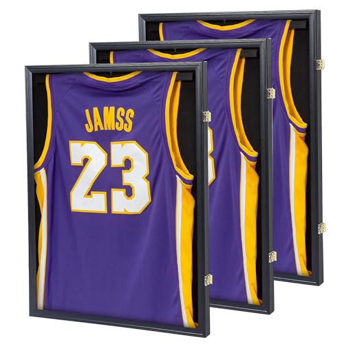 Image of Jersey Frame Display Case 3 Pack, Large Lockable Shadow Box Sports Jersey Frame with UV Protection Acrylic and 2 Hanger for Baseball Basketball Football Soccer Hockey Shirt,Graduates Black