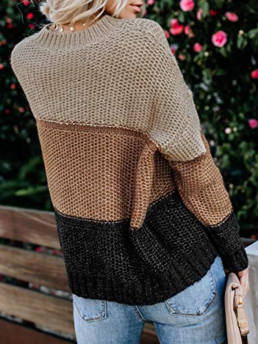 Ybenlow Womens Color Block Oversized Crewneck Sweaters Striped Long Sleeve Loose Chunky Knitted Pullover Jumper Tops Brown