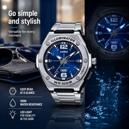 Image of Casio MWA100H Series | Men's Analog Watch |100M WR | Stainless Steel Bezel | LED Illuminator Backlight with Afterglow | Resin Band | 3 Hands (HR, MIN, SEC) | 3 Year Battery