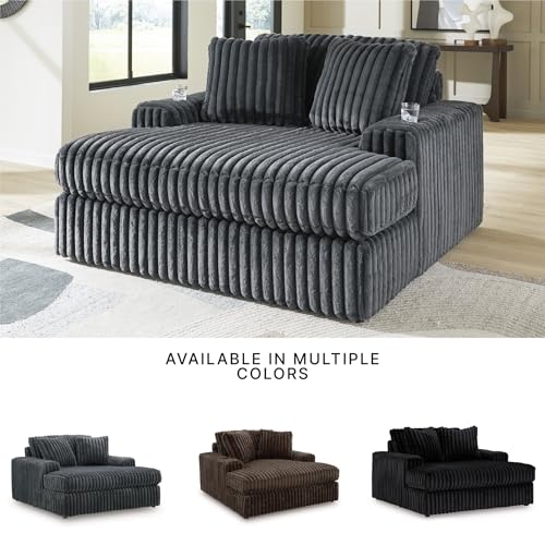 Image of Signature Design by Ashley Midnight-Madness Oversized Chaise, Gunmetal | Jumbo corduroy fabric, Indoor chaise lounge, Built-in USB port, Dual cup holders