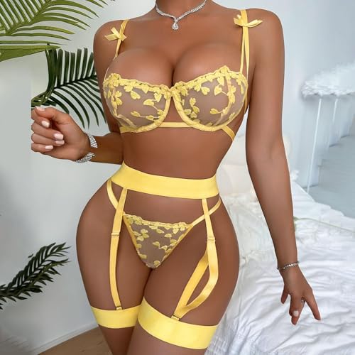 Image of Women Cute Bra Panty Lingerie Set with Garter Belt Lace Teddy Strap Babydoll Lingerie Romantic Bikini with Panty Gown Set for Women Party Set