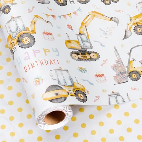 Merture Reversible Construction Birthday Wrapping Paper for Kids - 17 In X 16.4 Ft(23.3 sqft) - Reversible Gift Wrap Paper with Yellow Truck Excavator Digger for Kids Boys Birthday Baby Shower Christmas