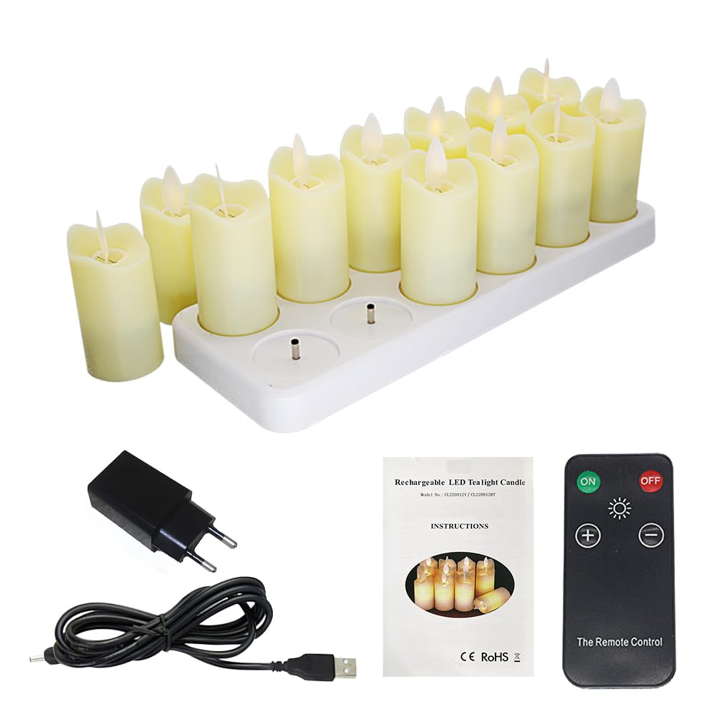Candele tremolanti Senza Fiamma Confezione da 12 Candele LED realistiche Ricaricabili con Telecomando a 4 Tasti Candele elettriche in plastica in Giallo Caldo per Decorazioni
