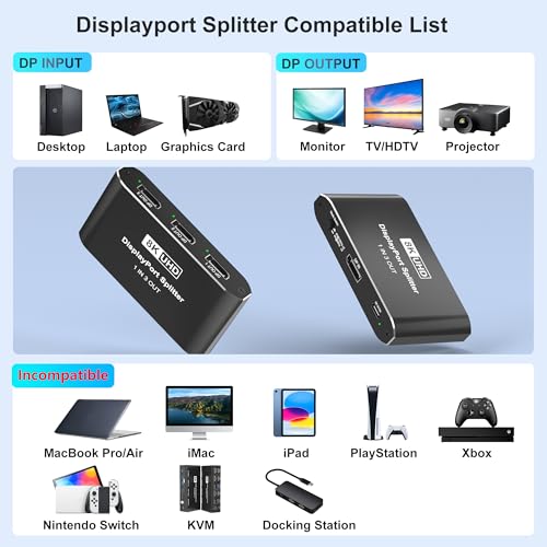 Image of DisplayPort Splitter 1 in 3 Out, Display Port Splitter for Triple Monitors, Supports 8K@60Hz DSC & 4K@120Hz Extended /Mirror Mode, DP 2.1 MST Hub, 3 Monitor Adapter for Laptop, Desktop, Graphics Card