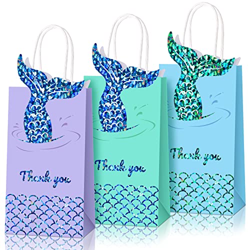 Sabary 18 Pcs Mermaid Party Favors Bags Mermaid Themed Goodie Treat Candy Gift Paper Bags with Handles for Girls Kids Birthday Baby Shower Under the Sea Decorations, 3 Colors