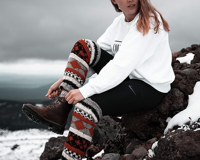 Image of Tibetan Socks Hand Knit Wool Fleece Lined Leg Warmers Boot Toppers