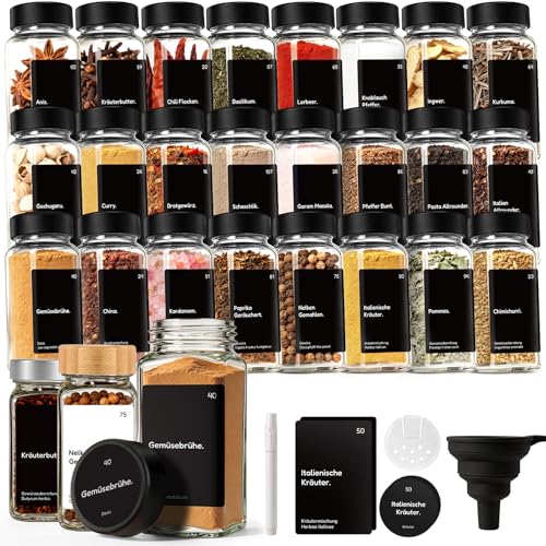 24er Set Gewürzgläser mit Streueinsatz - 120ml Eckig Gewürzdosen Glas mit Deckel Schwarz - Inkl. 342 Etiketten (Deutsch) & Trichter - Spice Jars Set für Gewürz Organizer, Schublade - Luftdicht