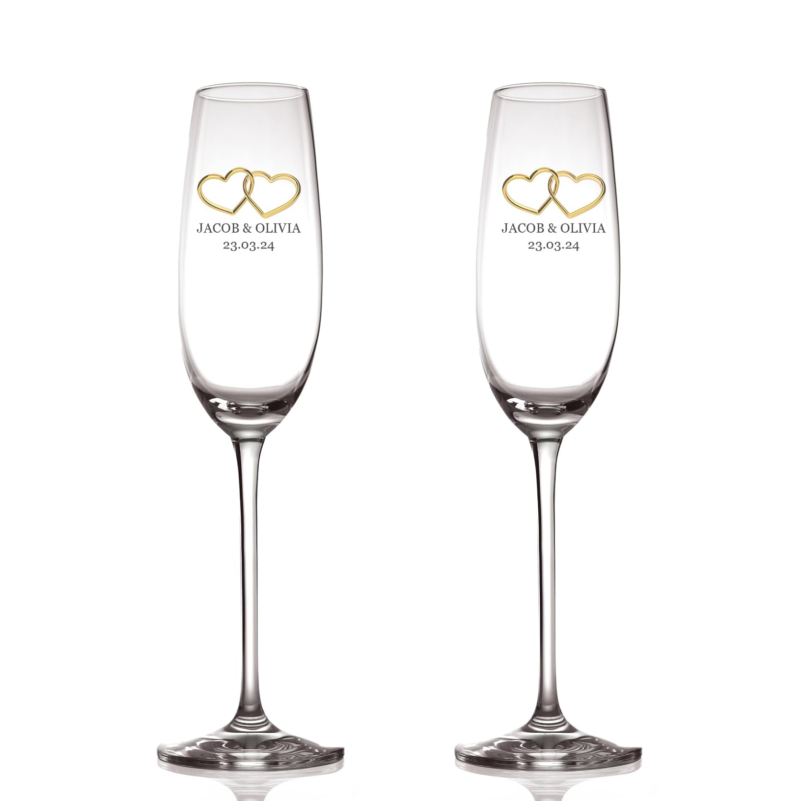 ukgiftstoreonline Personalised Wedding Champagne Glasses Set with Gold Hearts