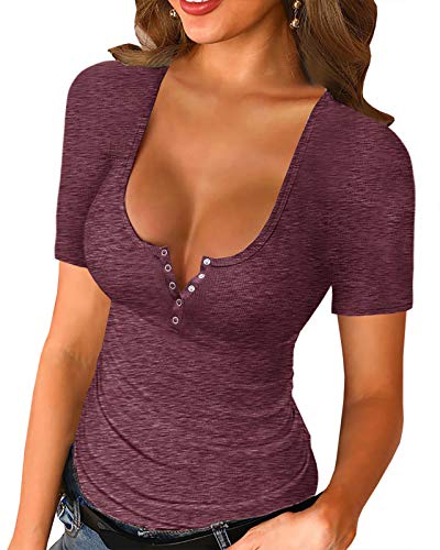 Image of Womens Short Sleeve Button Down Shirts Low Cut Sexy Scoop Neck Fitted Ribbed Knit Henley Tops Wine Red