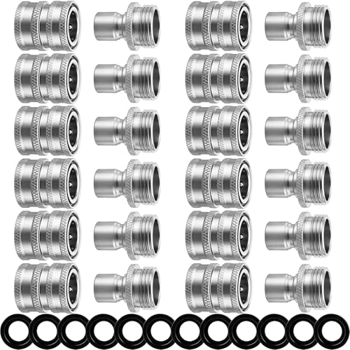 Therwen 12 Sets Garden Hose Quick Connector Solid 3/4 Inch Water Hose Connectors No Leak Heavy Duty Garden Fitting Female Adapter and Male Adapter (Silver)