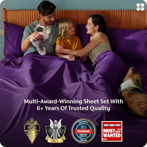 Image of Bedsure King Size Sheets Set, Cooling Sheets for Hot Sleepers, Rayon Derived from Bamboo, PureWoven, Breathable & Soft, Deep Pocket Up to 16 Inches, Hotel Luxury Silky Bedding, Plum
