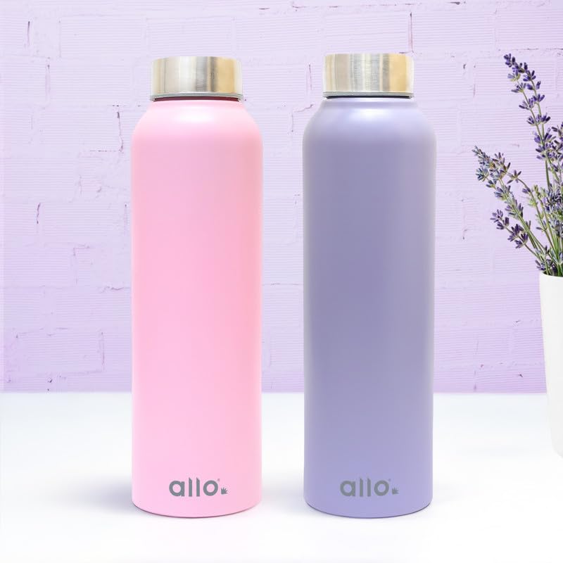 Image of Allo Stainless Steel Water Bottle For Adults, Kids 1 Litre Water Bottles For School, Office, Sports, Gym 1L Water Bottle For Men And Women, Pack Of 2| Leak Proof, Bpa Free, Lavender & Pink Steel Cap
