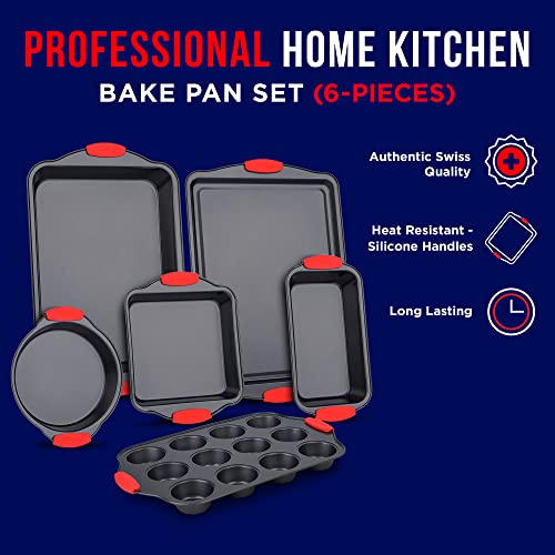 Baking Set – 6 Piece Kitchen Oven Bakeware Set – Deluxe Non-Stick Black Coating Inside And Outside – Carbon Steel – Red Silicone Handles – Pfoa Pfos And Ptfe Free By Bakken #TOP2