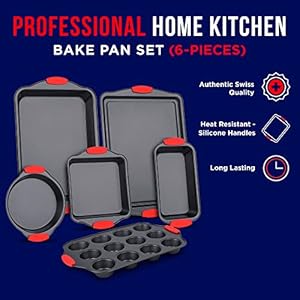 Bakkenmaster baking set6 piece kitchen oven bakeware setdeluxe non stick black coating inside and outsidecarbon steelred silicone handlespfoa pfos and ptfe free by bakken  urban country home decor