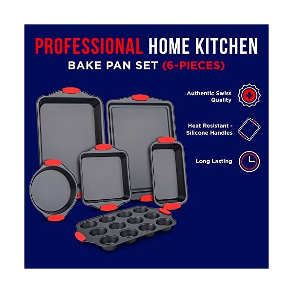 Bakkenmaster baking set6 piece kitchen oven bakeware setdeluxe non stick black coating inside and outsidecarbon steelred silicone handlespfoa pfos and ptfe free by bakken  urban country home decor