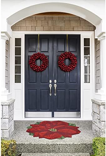 Liora Manne Front Porch Christmas Poinsettia Red Indoor/Outdoor Round Rug, 3' Green