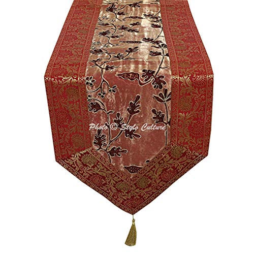 Image of Maroon & Coffee Table Runner for Center Table Long Ari Zari Embroidered Banarasi Indian Satin Decorative 6 Feet Runner Up with Tassels Dining Tablecloth Overlay