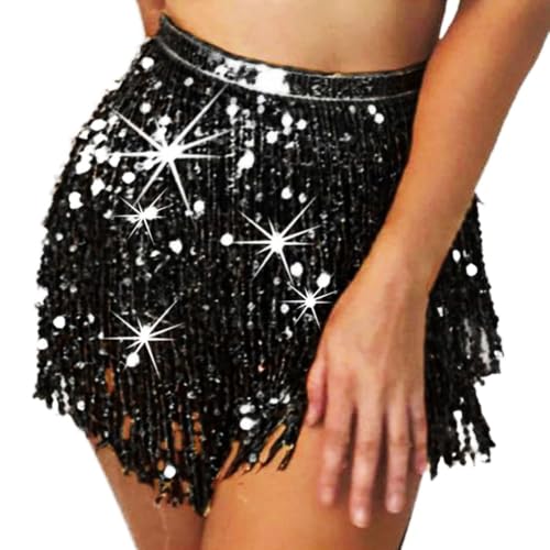 Flovel Glitzernder Paillettenrock Fransen Glitzerrock Schwarz...