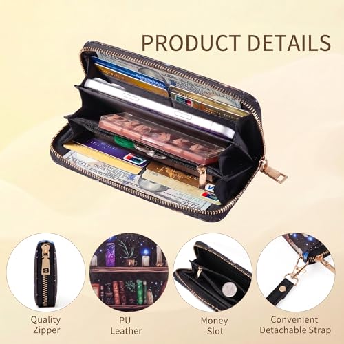 Image of Checkered Highland Cow Print Book Wallet For Women Skull Goth Frog Butterfly Ladies Cluth Wristlet Wrist Strap Long Purse Zip Around Card Holder