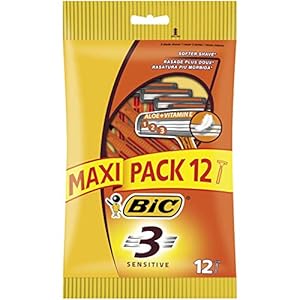 BIC 3 Sensitive - Rasoirs Jetables Homme avec Technologie 3 Lames pour un Rasage de Près Confortable- Pochette de 12