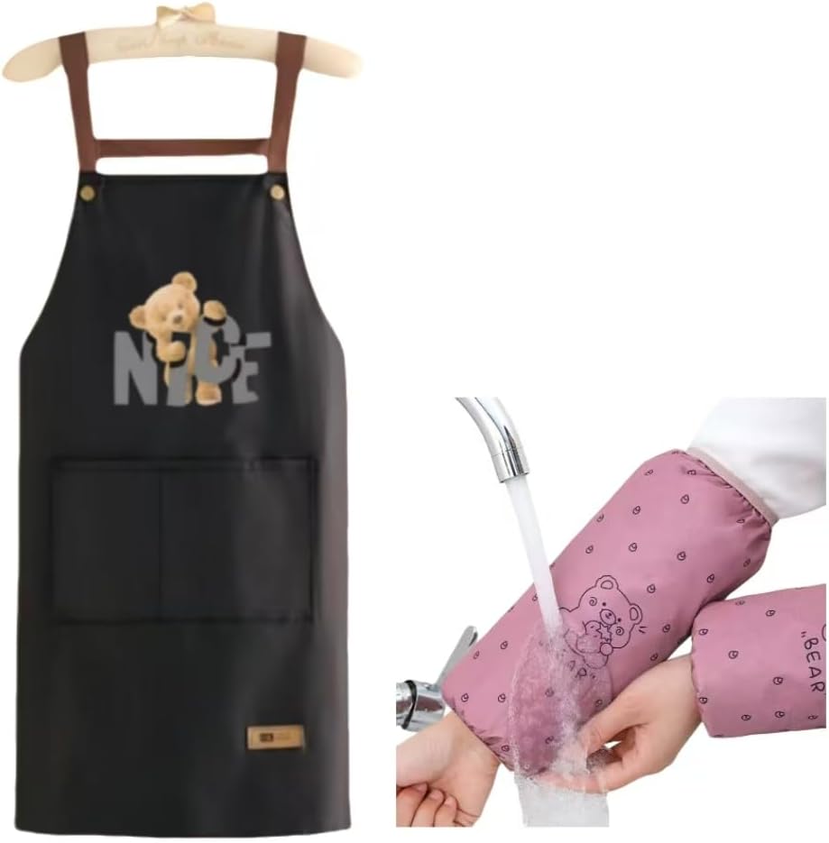 2-piece durable PVC apron with waterproof sleeve cover and pocket for women. Suitable for cooking, baking, cleaning, stain prevention, adjustable shoulder strap