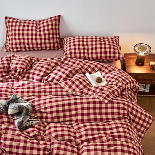 Image of EAVD Vintage Style Red Gingham Duvet Cover Full Soft 100% Washed Cotton 3-Piece Reversible Plaid Checkered Bedding Set with 2 Pillowcases Farmhouse Buffalo Plaid Duvet Cover with Zipper Closure