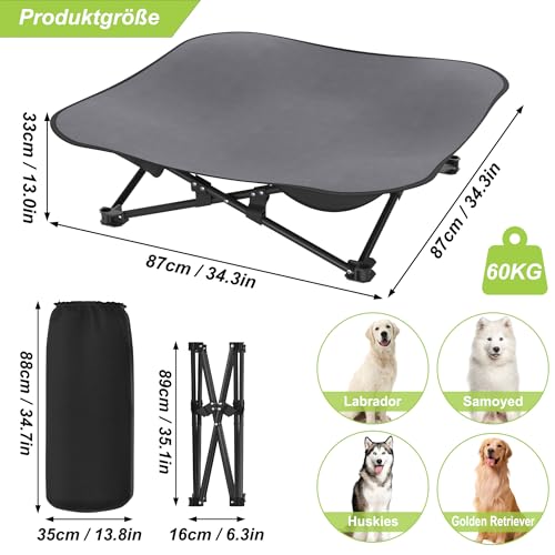 ORHEYA Faltbares Outdoor Hundebett – Erhöhtes, atmungsaktives hundeliege Bett für Hunde bis 60 kg, ideal für Camping und Garten, Outdoor Indoor 87 x 87 x 33 cm