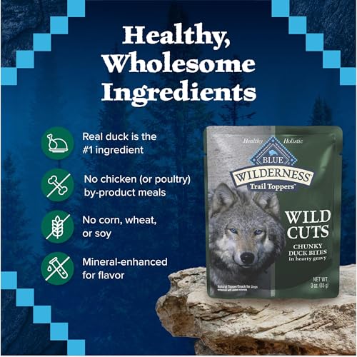 Image of Blue Buffalo Wilderness Trail Toppers Duck Wet Dog Food, 3 oz, 24 ct | High Protein, Real Duck #1 Ingredient, Bites in Hearty Gravy, Grain-Free Recipes, Helps Support Daily Hydration