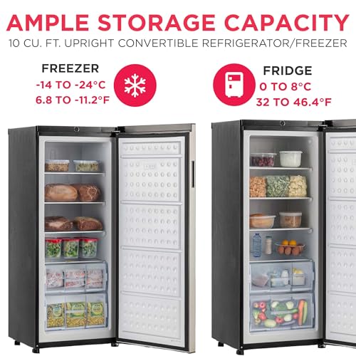 Image of Frigidaire 10 Cu. Ft. Upright Convertible Fridge /Freezer, Reversible Door, Removable Glass Shelves, Adjustable Controls, Platinum Finish