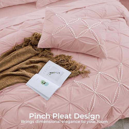 Image of Sasttie King Size Comforter Set, 7-Piece Bed in a Bag, Pintuck Bedding Set for All Season, Includes Comforter, Flat Sheet, Fitted Sheet, Pillowcases and Pillowshams, Rose Gold