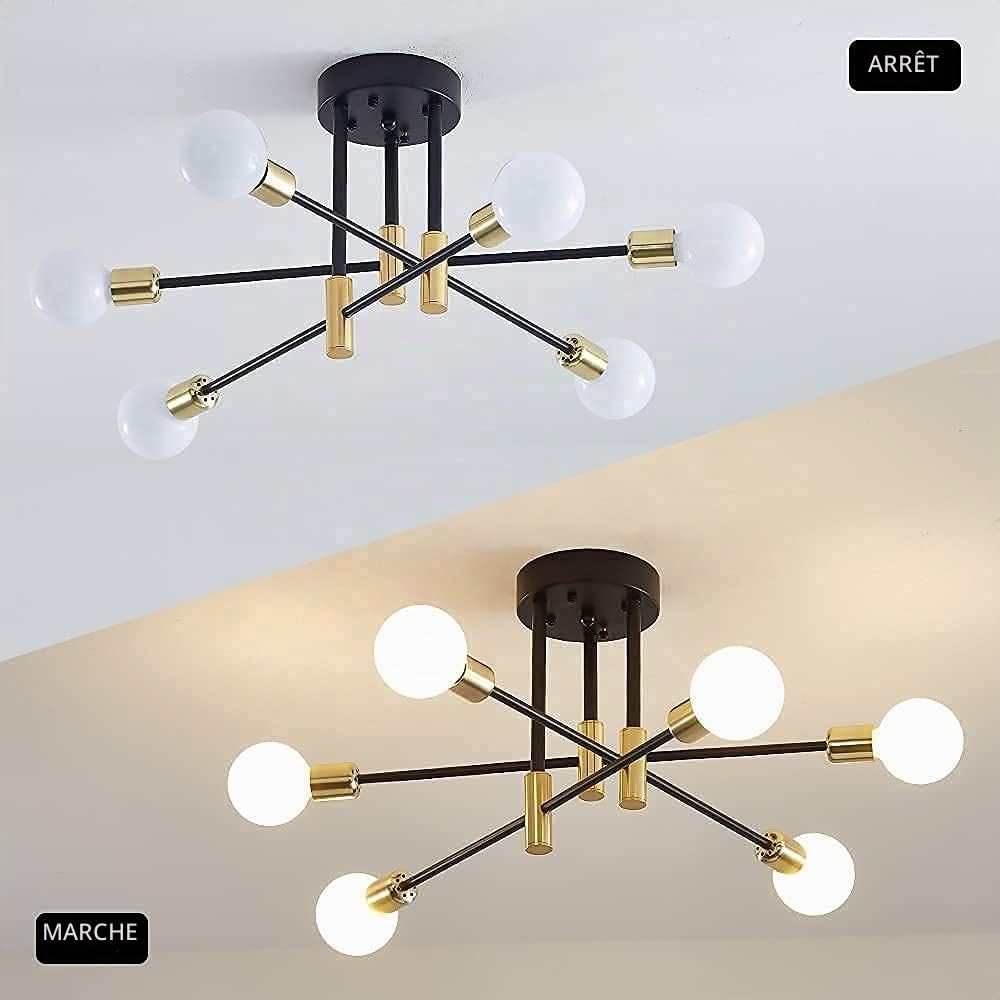 Lustre Sputnik E27, 6 Lumières Plafonnier Lustre Luminaire Industriel en Metal, E27 Lampe de Plafond Vintage pour Salle à manger, Chambre, Cuisine, Couloir, Noir+Or (Sans Ampoule)