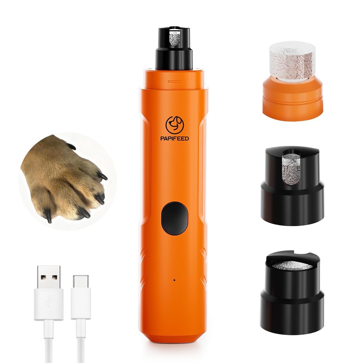 PAPIFEED Dog Nail Grinder with LED Light, Ultra Quiet 3-Speed Electric Nail File for Small Medium Large Dogs & Cats, Rechargeable Pet Nail Grinder with Trimmer (Orange)