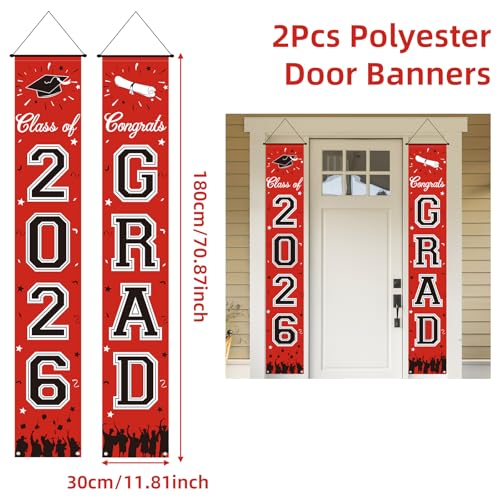 Image of 2026 Graduation Decorations, Red Graduation Banner Class of 2026, Hanging Congratulations /Congrats Grad Porch Banner for Door Schools Grad Party Decorations Red and Black