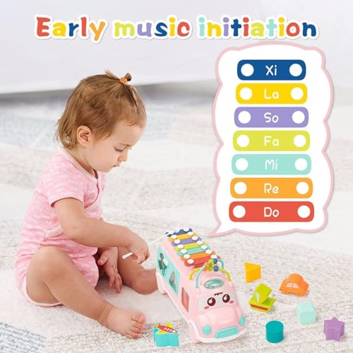Image of Cable World Baby School Bus Xylophone Toy for Toddlers 1-3, Baby Musical Bus Toys for 1 Year Old Girl, Shape Sorting Toys Knocking Xylophone Educational Musical Instruments Toy (Pink)