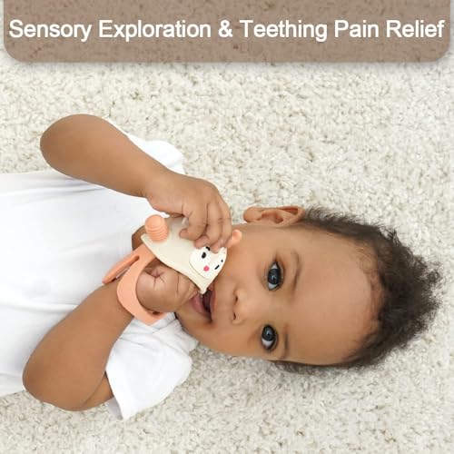 Image of Teething Toys /Teethers for Babies 6-12 Months, Reindeer Baby Chew Toy 3-6 Months for Teething Relief, Get-A-Grip Baby Hand Teether, Silicone Teething Mittens for 0-6Months, (Nude)