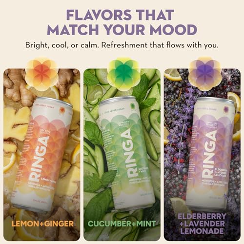 Image of RINGA Elderberry Lavender Lemonade Sparkling Drink - Organic Moringa + Apple Cider Vinegar with 3g Prebiotic Fiber - No Added Sugar, No Natural Flavors - Gut Health & Immunity Support - 12oz Cans