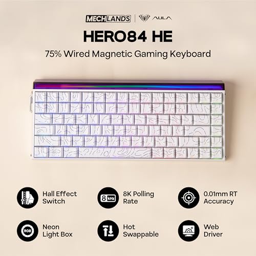 Image of MechLands Aula Hero84 HE Wired Magnetic Gaming Keyboard, Rapid Hall Effect Keyboard with 0.01mm Adjustable Actuation, 8kHz Polling, 5-Layer Sound Dampening, RGB Lightbox & Backlit (White)
