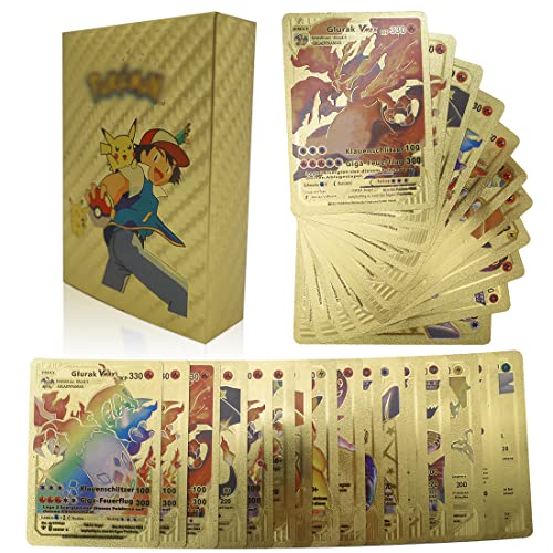 Poke Karten Deutsch 55 Stück,Poke Karten Gold Vmax,Poke Karten Original,Poke Karten Glurak, Karten Gold GX DX,Ultra Rare Sammlerkarte,Trading Card für Kinder(Deutsch Gold)