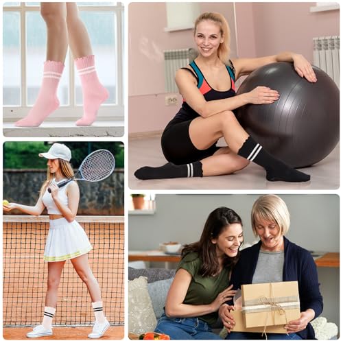 Image of 3 Pairs Yoga Socks with Grips, Non Slip Ruffle Pilates Socks Frilly Crew Socks for Barre Barefoot Workout Hospita
