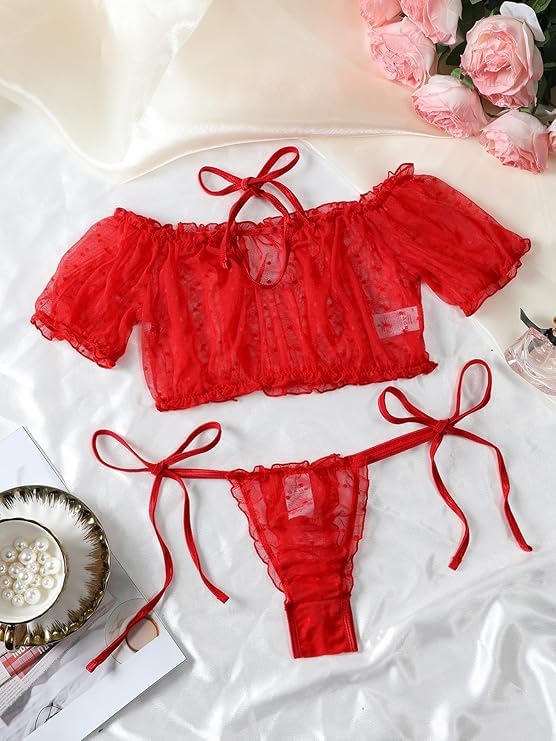 Image of Lilosy Sexy Stretch Ruffle Tie Sheer Mesh Lingerie Set Outfits
