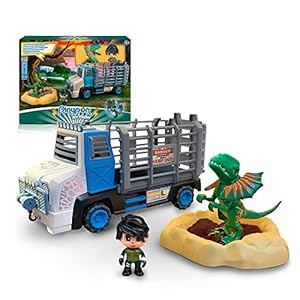 Pinypon Action – Rescate del Dinosaurio Dilophosaurus, set con un camión de juguete, figura de explorador, muñeco dino que escupe agua cuando aprietas, base del pozo y arena mágica, Famosa (700017398)