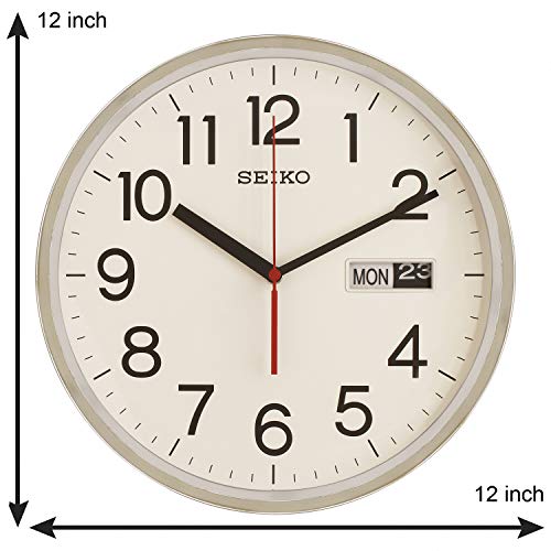 Image of Seiko Unique Round Silver Plastic Analog English Numbers Day /Date Home Decor Wall Clock (Size: 30.3 x 6.4 x 30.3 CM | Weight: 990 gram | Color: Silver)