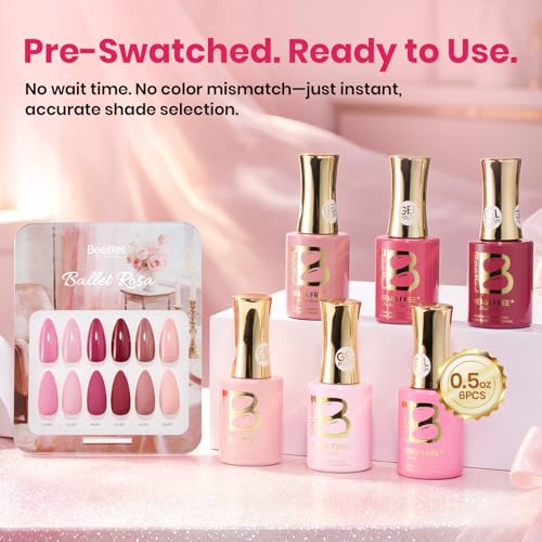 Image of Beetles Pink Gel Polish Set - Ballet Rosa Hema-Free Collection, 6 Colors Nude Pink Colors Gel Kit with Pre-Swatched Color Card, Soak Off UV LED Polish for DIY Nail Art Home Salon Gifts