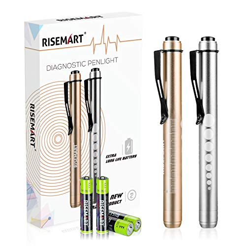 RISEMART Pen Lights for Nurses Doctors,2 Pcs Medical Pen Light with Pupil Gauge and Ruler,Reusable LED Penlight with White and Soft Warm Light, Gifts for Nursing Students