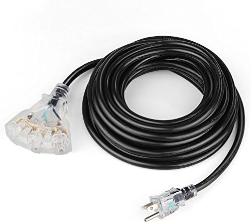 SIMBR 50 ft Outdoor/Indoor Power Extension Cord, Heavy Duty 14/3 Electrical Cord with Triple Outlets, Lighted 14 Gauge, 3 Prong, 15 Amps, UL Listed, Black
