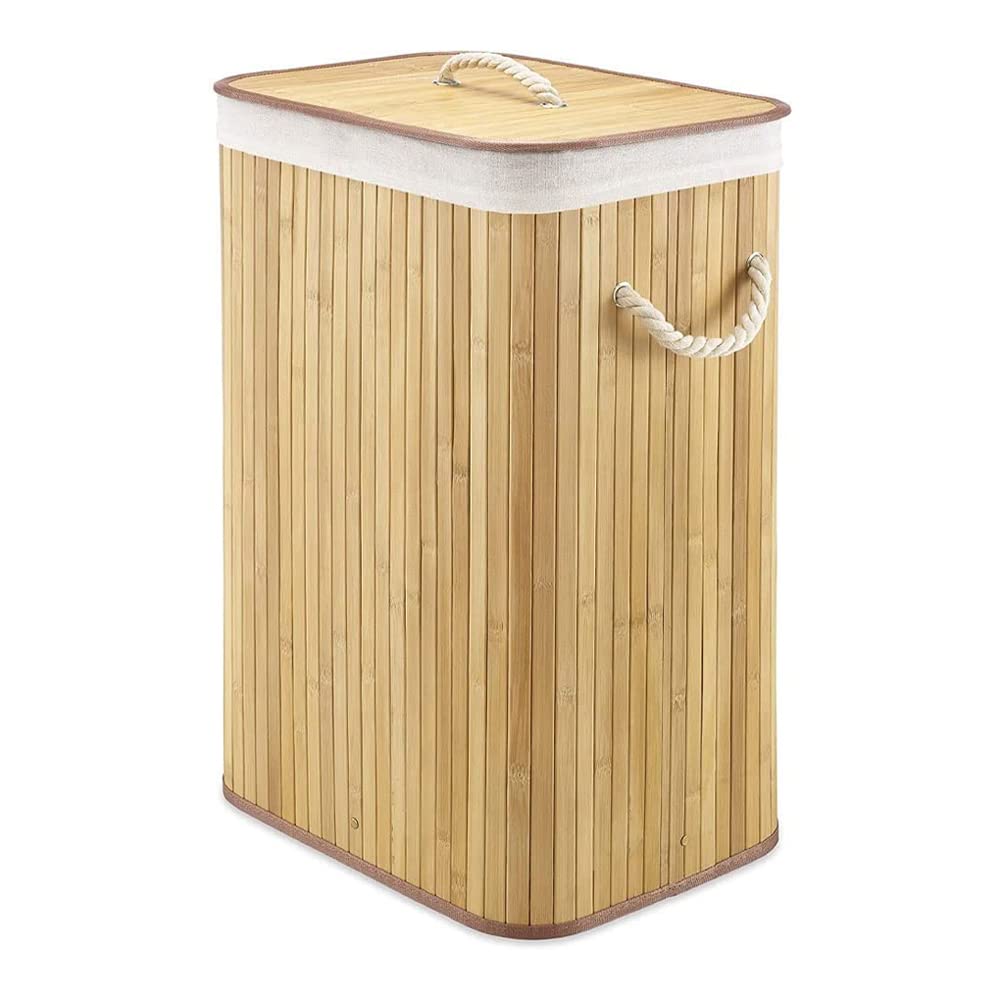 NC Laundry Hamper with Lid Bamboo Dirty Clothes Storage Basket with Rope Handle and Removable Liner Rectangle Laundry Hamper Bin for Bathroom Bedroom Living Room Corner