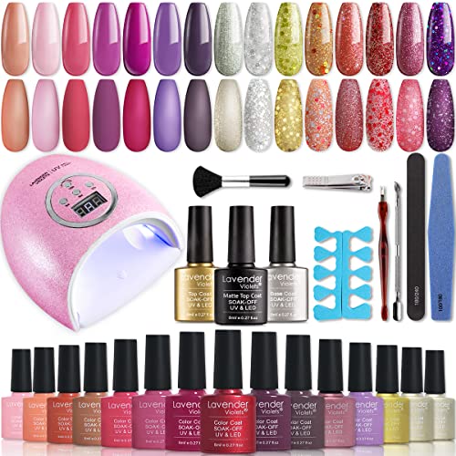 Lavender Violets Gel Nail Polish Kit with UV Light 48W LED Nail Lamp 15 Colors Glitter Coral Pink Gel Polish Starter Kit Manicure, 8ml Soak Off Gel Nail Polish Set Salon DIY Home Gift for Women F902