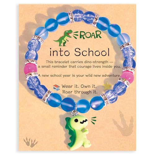 Image of Back to School Dinosaur Bracelet Stretchy Beaded Wristband with Encouragement Card Back to School Gift from Mom for Son, Daughter, Grandson, Granddaughter