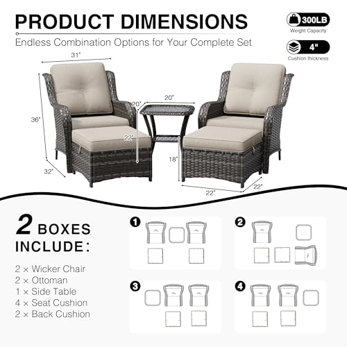 Image of Joyside 5 Piece Wicker Patio Furniture Set, Rattan Patio Chairs with High Back, Deep Seating, Wide Armrest, Thickened Cushions, Outdoor Furniture for Deck, Porch Use