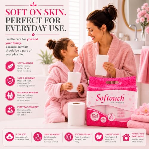 Image of Softouch 2 Ply Toilet Paper Tissue Roll | 145 Sheets Per Roll | 250 Rolls | Total 36,250 Sheets | Soft & Durable | Hypoallergenic | Safe for All Skin Types